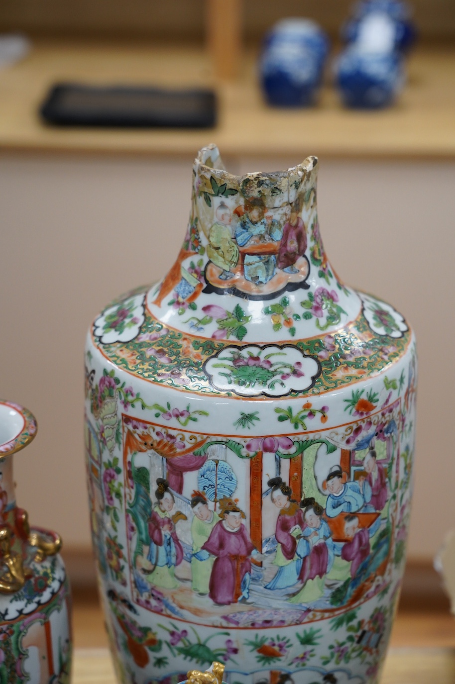 A group of 19th century and later Chinese famille rose porcelain vases and teapots, tallest 39cm high. Condition - poor